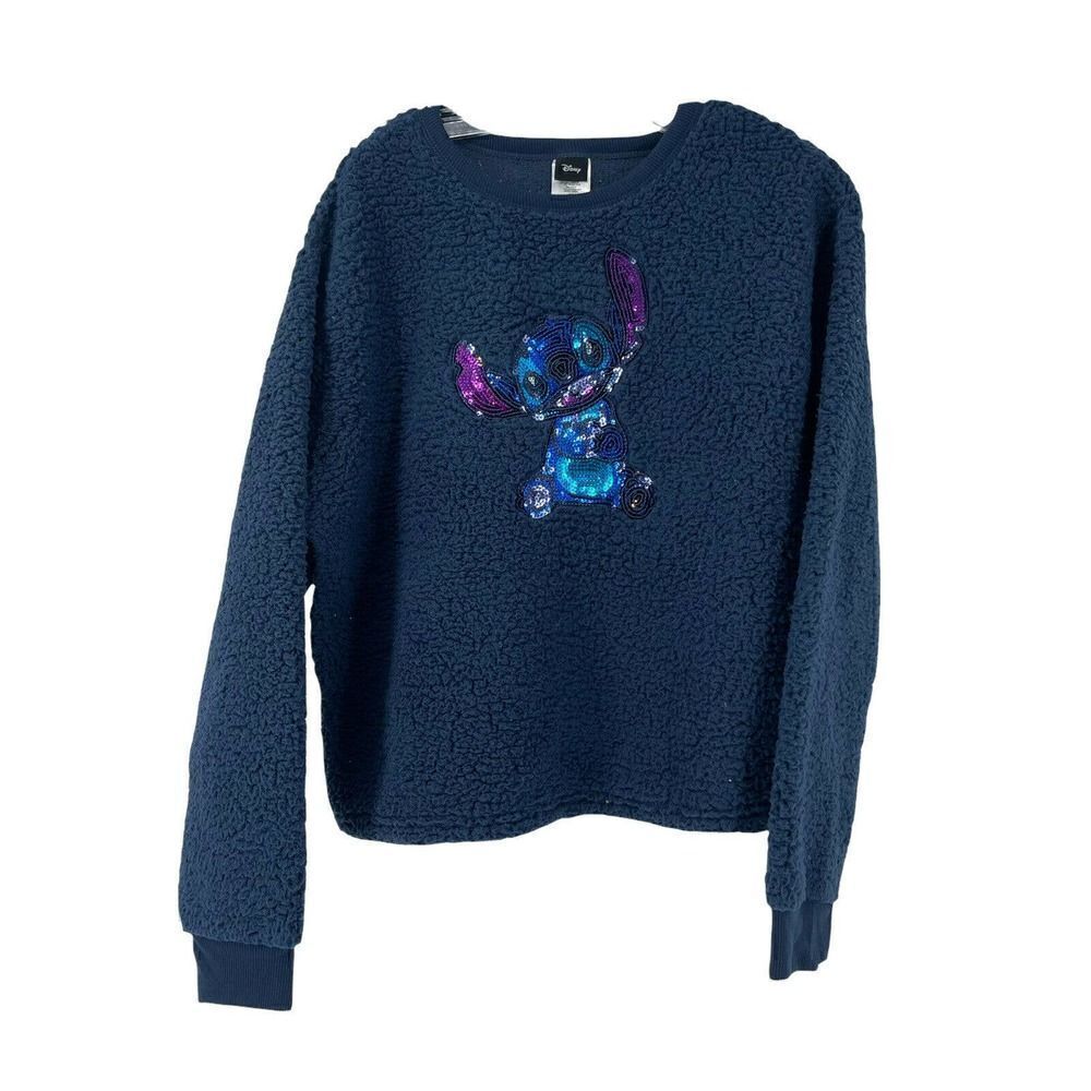 Stitch Sherpa Pullover Sweatshirt Disney Lilo & Stitch Blue Sequin Juniors XL